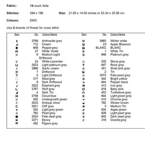 May include: A cross stitch pattern chart with symbols and color names for a design called "OWL 0009". The chart includes 294 stitches by 196 stitches and uses 14 count Aida fabric. The chart lists 27 different DMC colors with their corresponding names and symbols.