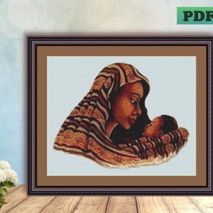 Black AFRICAN AMERICAN Mother and Child Motherhood Baby Counted Cross Stitch PDF Pattern Instant Digital Download X Needlework Wall Art