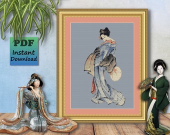 Japanese GEISHA GIRL - Asian Folk Art - Counted Cross Stitch PDF Pattern - Instant Digital Download, X Stitch Needlework Chart