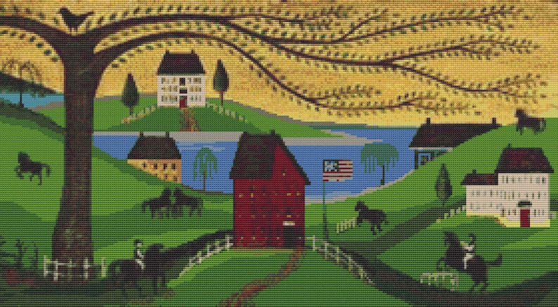 HORSE FARM Folk Art Painting - Americana Primitive Landscape - Counted ...