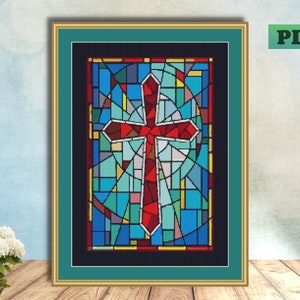 May include: A stained glass window design featuring a red cross with a blue, green, and yellow background.