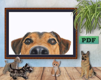 May include: A framed print of a dog's face looking up at the viewer. The dog has brown and black fur and is looking directly at the camera. The print is in a brown frame and is hanging on a wall. There are four small figurines of animals in the foreground, including a cat, a dog, and two other dogs.