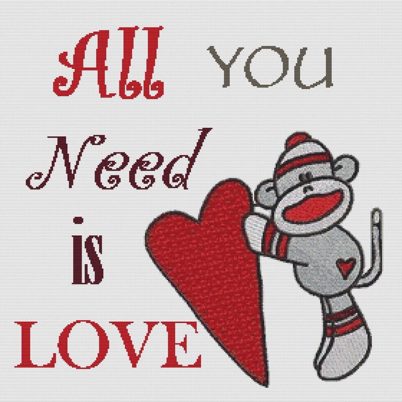 SOCK MONKEY All You Need is Love Inspirational Motivational Counted