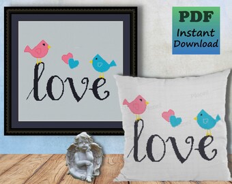 LOVE - Pink & Blue Birds - Easy Pattern -  Counted Cross Stitch Pattern - PDF Chart