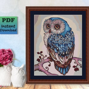 Fancy BLUE OWL Counted Cross Stitch PDF Pattern, Colorful Blue Bird Instant Digital Download, X Stitch Needlework Chart, Wall Art Home Decor