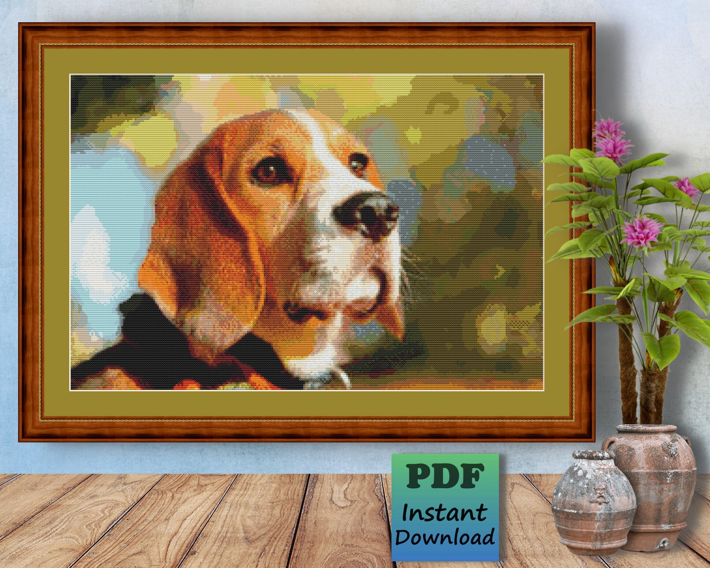 BEAGLE DOG Counted Cross Stitch PDF Pattern, Puppy Portrait, Instant Digital Download, X Stitch Needlework, Wall Art, Home Decor, Hound Dog