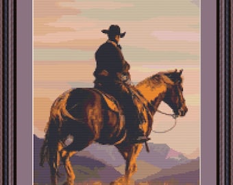 Lone Cowboy Cross Stitch Pattern, Mountain Landscape (PDF Pattern)
