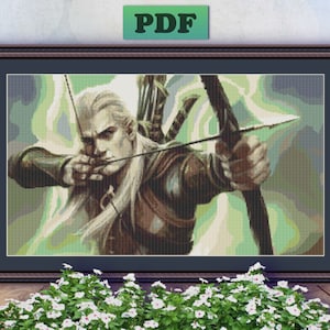 May include: A digital painting of a man with long white hair, wearing a green and brown leather outfit, holding a bow and arrow. He is aiming the arrow towards the right side of the image. The background is a swirling green and blue pattern.