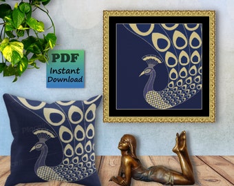 Art Nouveau BLUE PEACOCK Counted Cross Stitch PDF Pattern, Instant Digital Download, X Stitch Needlework Chart, Wall Art, Home Decor