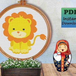 Baby Löwe EINFACH Kinder Dschungeltier - ANFÄNGER - Kreuzstichmuster - Sofortiger Download - PDF-Übung – X Stich Handarbeiten