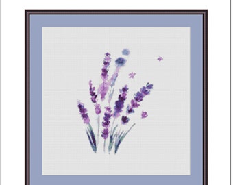 ラベンダーの花のクロスステッチパターン、紫色の花柄刺繍（PDF
