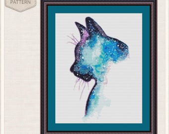 Cosmic Cat Cross Stitch Pattern, Galaxy Kitten Silhouette (PDF Pattern)