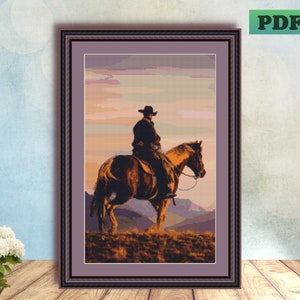 LONE COWBOY On Horse Counted Cross Stitch PDF Pattern, Mountain Landscape Instant Digital Download, X Stitch Needlework Wall Art, Home Decor