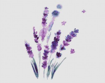 ラベンダーの花のクロスステッチパターン、紫色の花柄刺繍（PDF