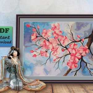 Pink CHERRY BLOSSOMS - Branch of Flowers - Counted Cross Stitch Pattern - PDF Chart