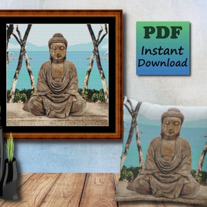 TRANQUIL BUDDHA  Counted Cross Stitch PDF Pattern, Buddha Statue, Yoga Room Studio Decor, Buddhism Buddha Altar, Bohemian Home, Zen Art
