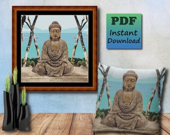 Buddha Statue Cross Stitch Pattern, Bohemian Home Decor (PDF Pattern)