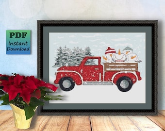 Snowman RED TRUCK Counted Cross Stitch PDF Pattern, Winter Snow Instant Digital Download, X Stitch Needlework Chart, Wall Art, Home Decor