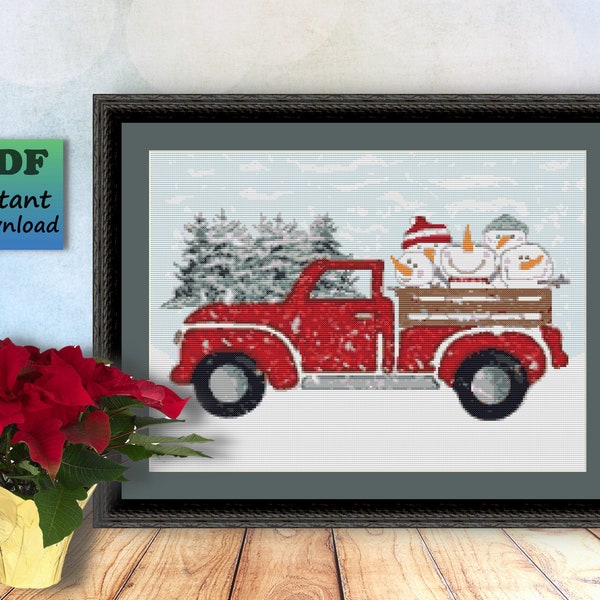 Snowman RED TRUCK Counted Cross Stitch PDF Pattern, Winter Snow Instant Digital Download, X Stitch Needlework Chart, Wall Art, Home Decor