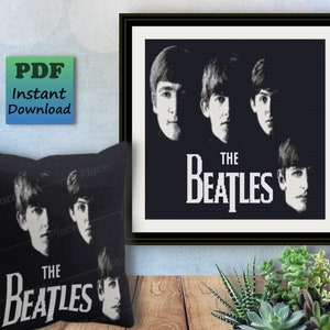 May include: Black and white photograph of The Beatles band members, John Lennon, Paul McCartney, George Harrison, and Ringo Starr. The band's name is written in white letters on a black background.