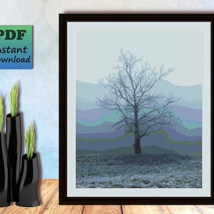 May include: A digital painting of a bare tree in a snowy landscape. The tree is silhouetted against a blue and purple sky. The ground is covered in snow and there are mountains in the background.