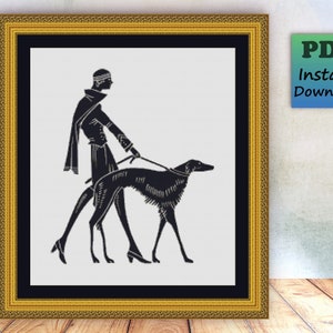 Lady With A Greyhound Whippet Counted Cross Stitch PDF Pattern Instant Download Black White Grey ART DECO