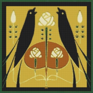 May include: A stylized art nouveau design featuring two black birds singing with white roses and green foliage on a yellow background.