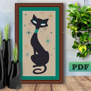 EASY Mid Century Modern - Black CAT - Counted Cross Stitch Pattern - PDF Chart