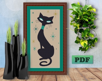 EASY Mid Century Modern - Black CAT - Counted Cross Stitch Pattern - PDF Chart