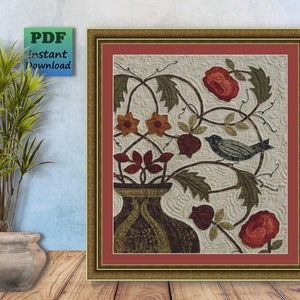 WILLIAM MORRIS, Flowers in Vase, Bird Counted Cross Stitch PDF Pattern, Instant Digital Download, X Stitch Needlework Chart