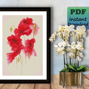 Rode klaprozen - aquarelstijl - geteld kruissteekpatroon - PDF-grafiek