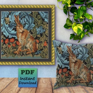 WILLIAM MORRIS Counted Cross Stitch, Hare in The Forest PDF Pattern, Rabbit Instant Digital Download, X Stitch Needlework, Wall Art Decor