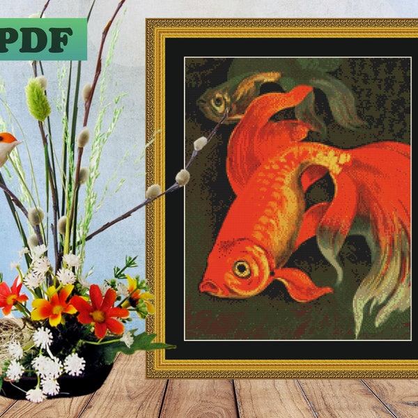 GOLDFISH Counted Cross Stitch PDF Pattern, Orange COY Instant Digital Download, X Stitch Needlework, Gold Fish Wall Art, Home Craft Decor