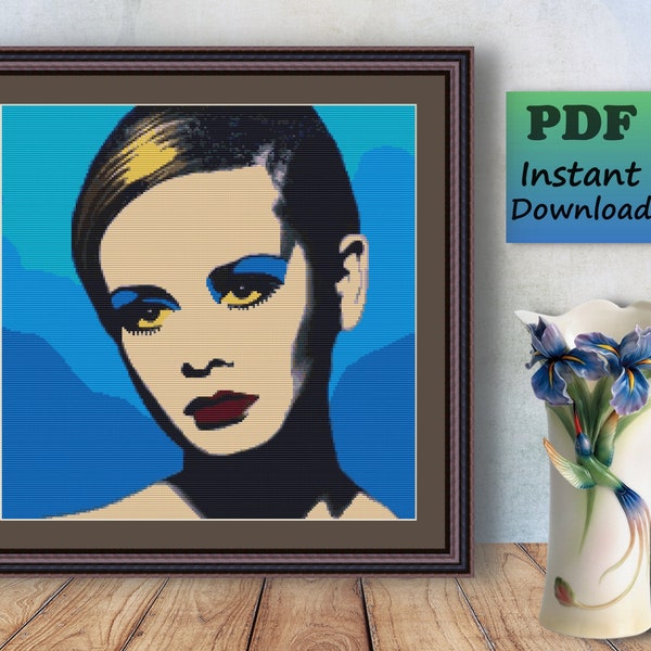 TWIGGY 1960s POP Art Counted Cross Stitch PDF Pattern,  Andy Warhol Instant Digital Download, X Stitch Needlework Chart, Wall Art Home Decor