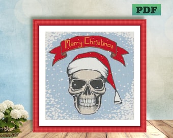 May include: Cross-stitch pattern of a skull wearing a Santa hat, with a red banner above that reads "Merry Christmas." The background is light blue with white snowflake accents. The image is framed in a red square.