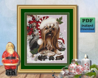 ヨークシャーテリア犬ヨーキーのクリスマス冬景色クロスステッチ