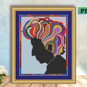 Può includere: Uno schema di punto croce che presenta un design astratto e colorato di una testa e spalle di una persona. I capelli della persona sono un vortice di colori vivaci, tra cui rosso, giallo, blu, verde e viola. Il viso della persona è in silhouette e lo sfondo è blu chiaro.