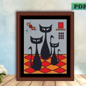 Three Cats - MID CENTURY Modern - Atomic Era - 1960&#39;s Wall Art - Counted Cross Stitch Pattern - PDF Chart