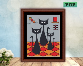 Three Cats - MID CENTURY Modern - Atomic Era - 1960&#39;s Wall Art - Counted Cross Stitch Pattern - PDF Chart