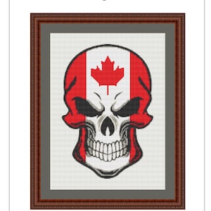 May include: A white skull with a Canadian flag design. The skull is red, white, and black. The flag is red and white with a red maple leaf. The design is framed in a brown frame. Design size: 27.94 x 38.10 cm.