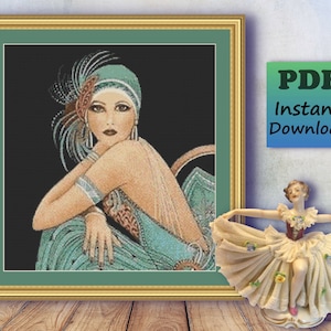 Peut inclure: Modèle de point de croix représentant une femme vêtue d'une robe turquoise et noire avec un couvre-chef à plumes. Le motif est en noir et blanc et comprend le texte "PDF Téléchargement instantané".