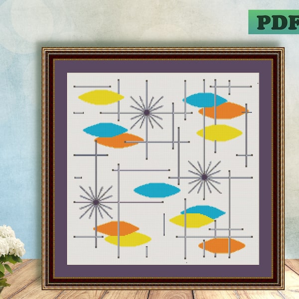 1950's Mid Century Modern ATOMIC Counted Cross Stitch PDF Pattern, Eames Era Instant Digital Download, X Stitch Needlework, Vintage Wall Art