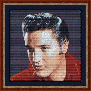 May include: A close-up portrait of Elvis Presley wearing a red jacket. He has dark hair slicked back and a serious expression.