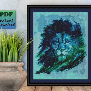 König der Löwen Aquarell Stil Kreuzstich PDF Muster, sofortiger digitaler Download, X Stich Handarbeit Tabelle, blau grün Wandkunst