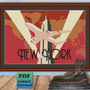 Art Deco Airplane - NEW YORK Travel Poster - Counted Cross Stitch - PDF Pattern - Instant Digital Download - X Stitch Needlework Chart