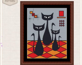 Mid-Century Modern Cats Cross Stitch Pattern | Atomic Era Retro 1950s (PDF Download)