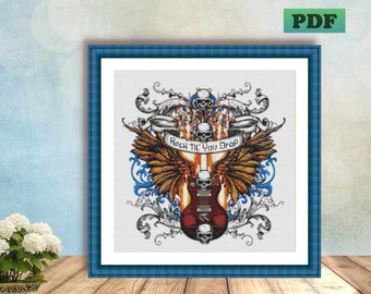 Patrón de punto de cruz de calavera con alas de guitarra - Arte de música rock (Patrón en PDF)