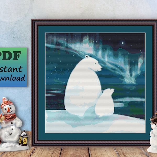 POLAR BEARS Counted Cross Stitch PDF Pattern, Northern Lights  Instant Digital Download, X Stitch Needlework Chart Wall Art, Star Home Decor