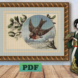 Oiseau hirondelle carte postale victorienne compté point de croix motif PDF téléchargement numérique instantané X point couture
