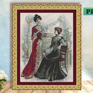 Victorian Women Parlor Conversation VINTAGE FASHION Counted Cross Stitch Digital  PDF Pattern Instant Download X stitch Needlework